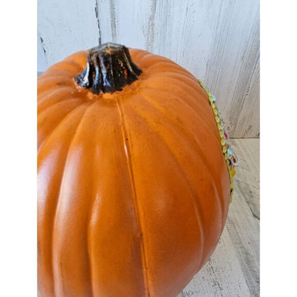 Gold sugar skull pumpkin beaded jack-o'-lantern unique prop Halloween deco - Picture 7 of 8